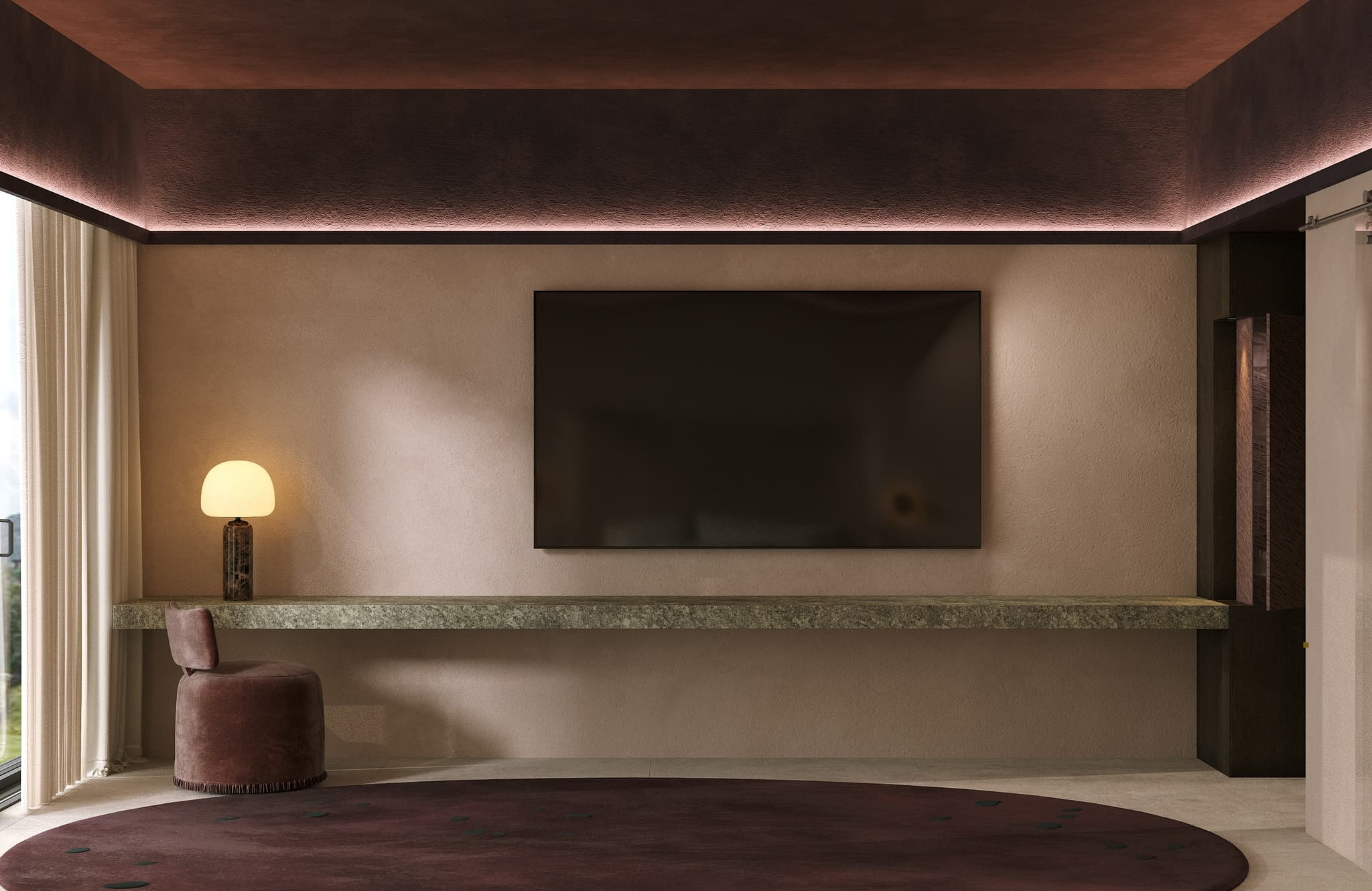 Concept visualisation: Interior wall with a television and low console