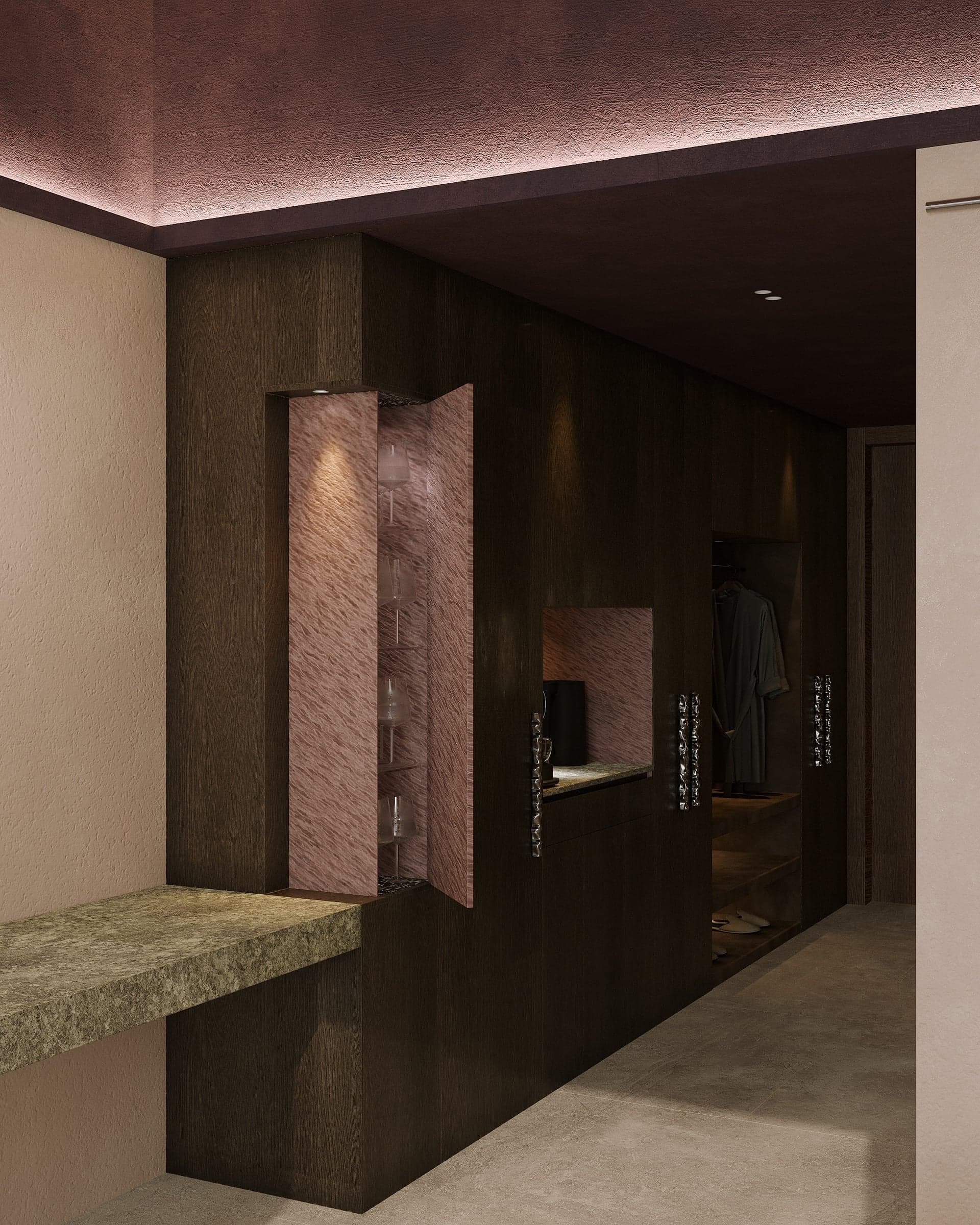 Concept visualisation: Entrance and wardrobe area in dark wood