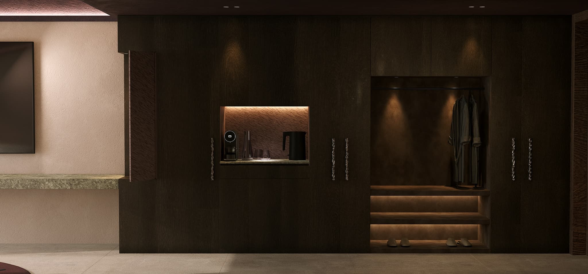 Concept visualisation: Dark wood kitchen with a built-in niche