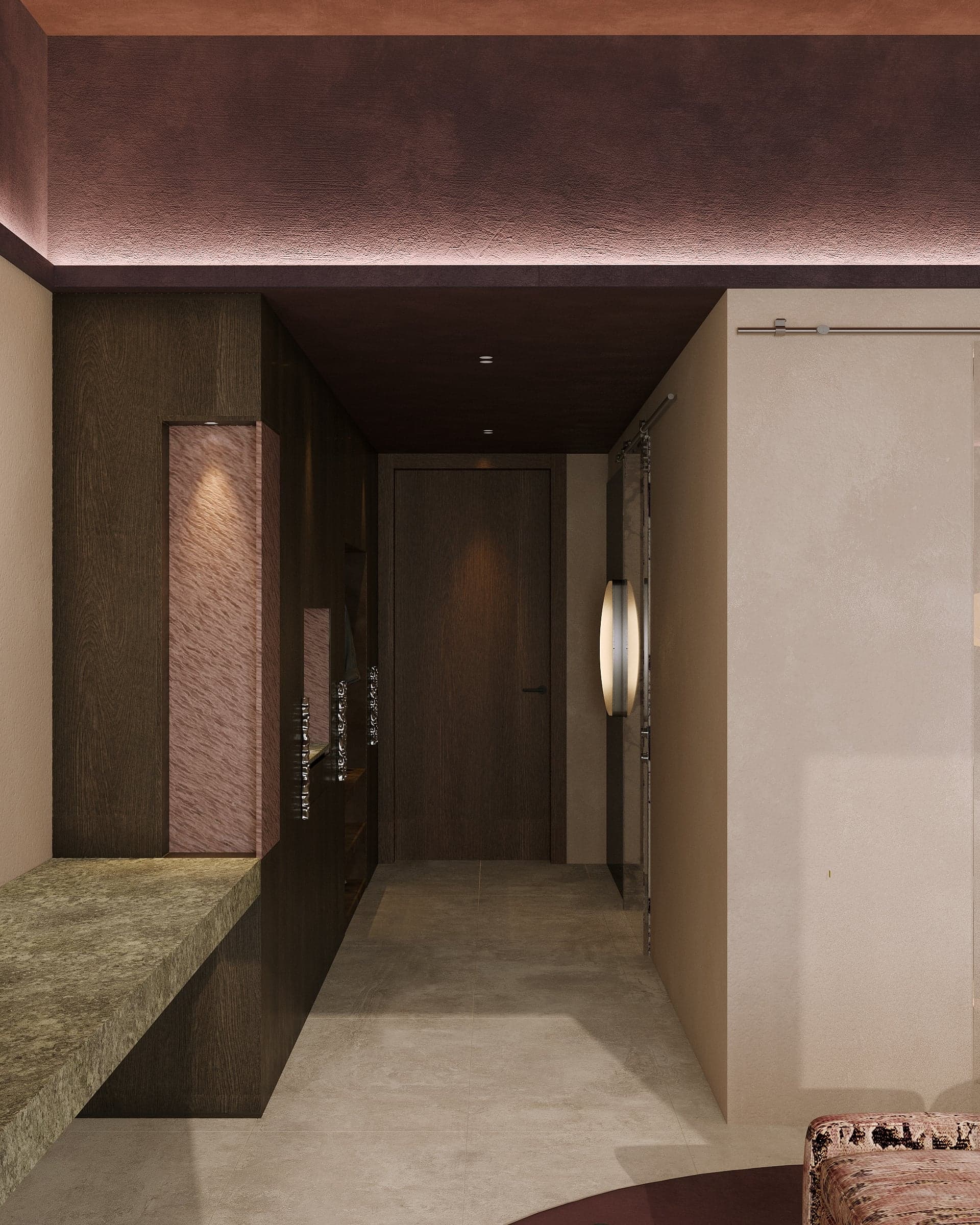 Concept visualisation: Hallway with a stone floor and dark wood doors