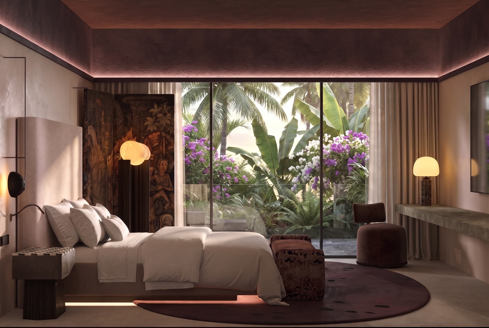 Concept visualisation: Bedroom with tropical planting beyond the window