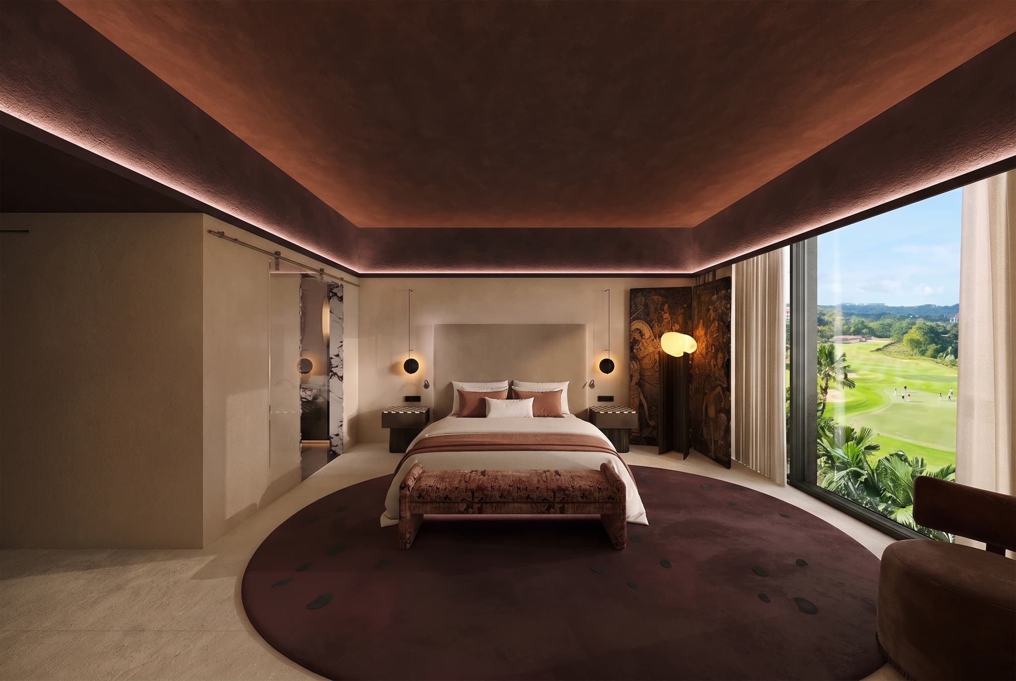 Concept visualisation: Bedroom looking toward a green landscape