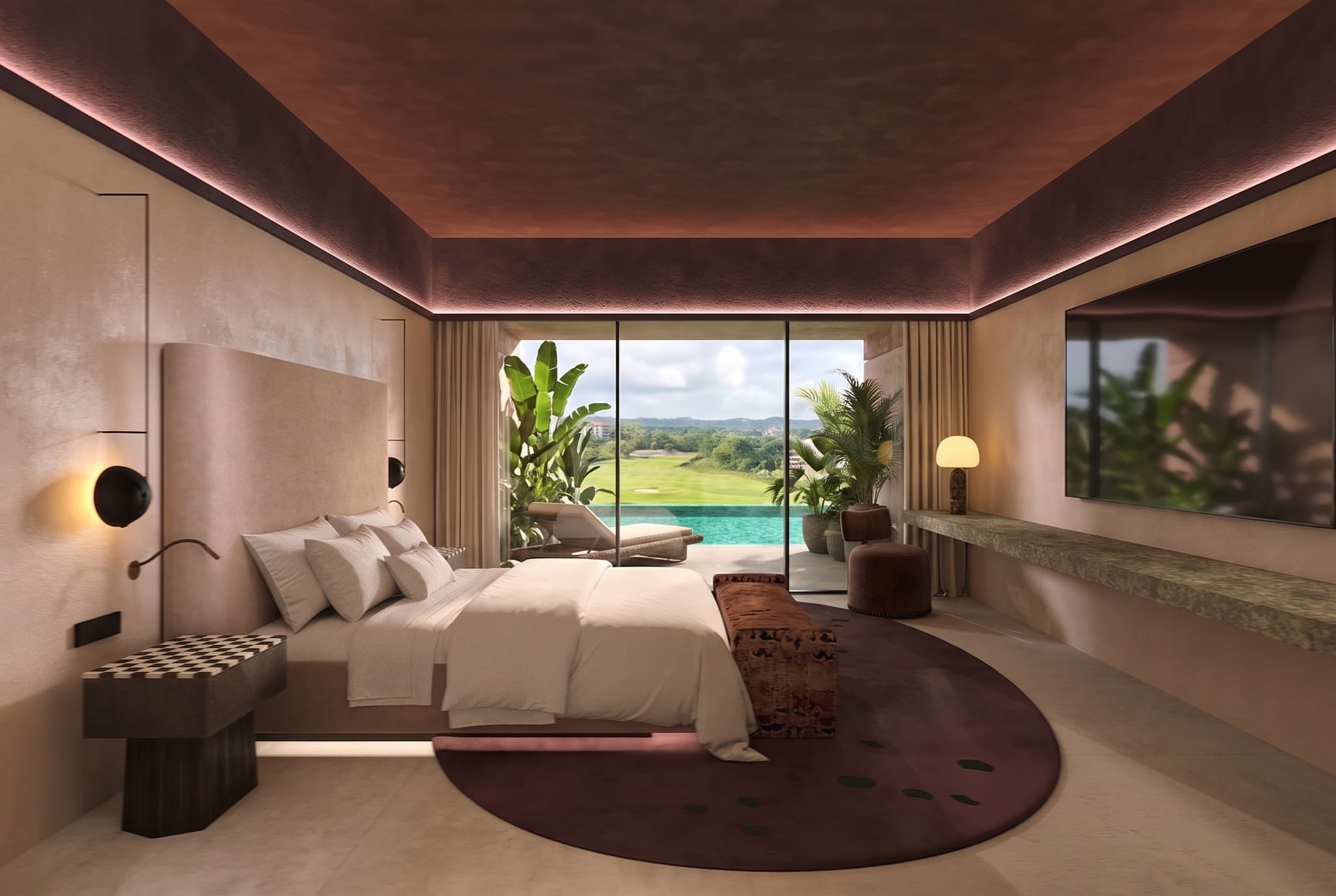 Concept visualisation: Bedroom and terrace overlooking water