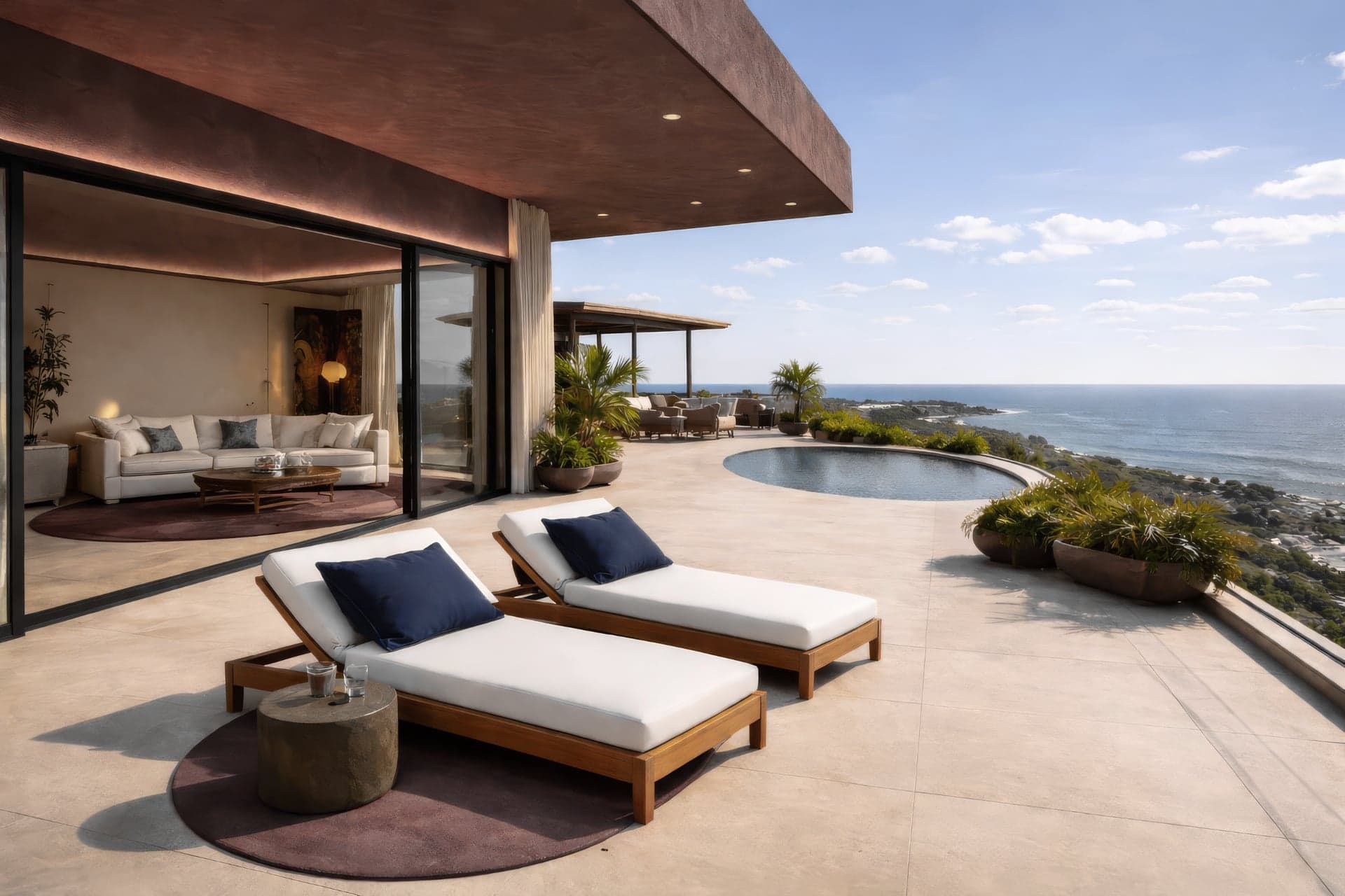 Concept visualisation: Terrace with sun loungers beside a pool