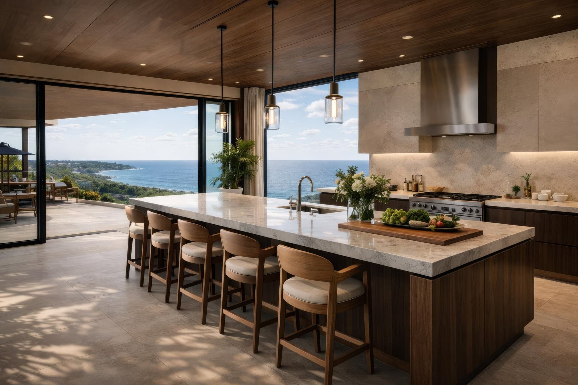 Concept visualisation: Kitchen island beside a sea-facing terrace