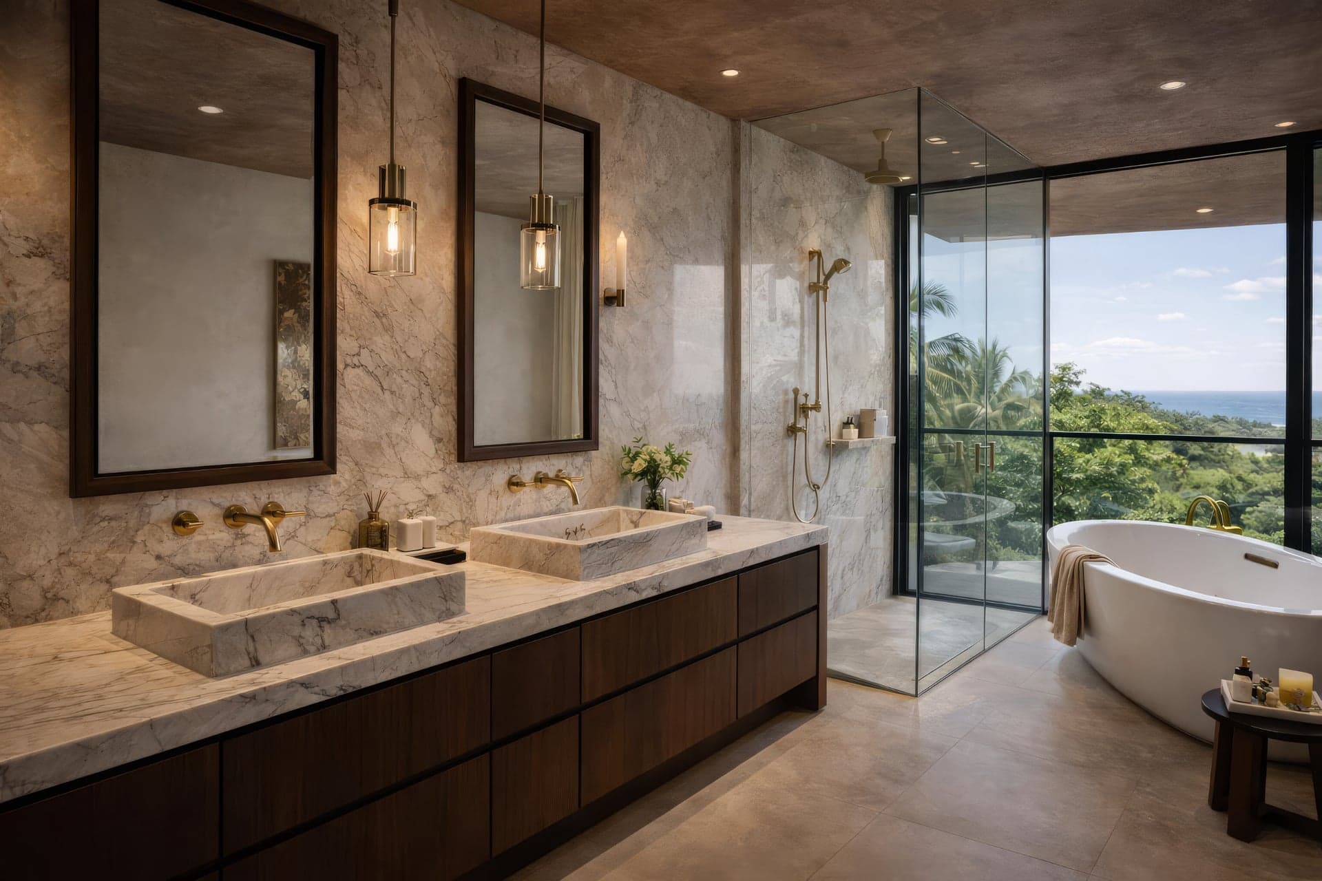 Concept visualisation: Bathroom vanity and bathtub beside a window