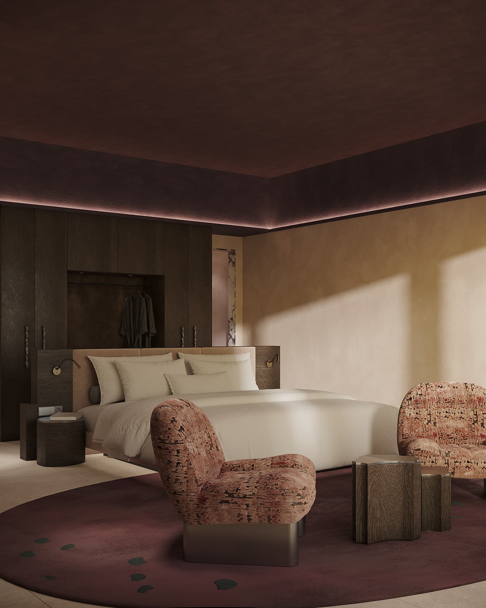 Concept visualisation: Bedroom seating area in warm neutral tones