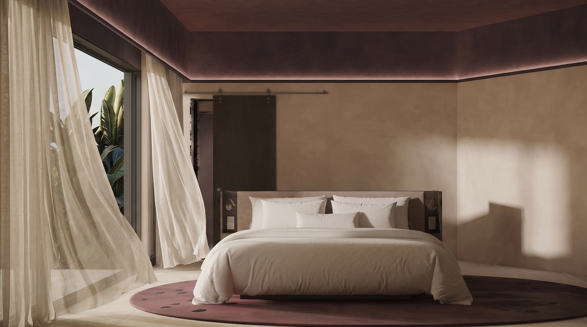 Concept visualisation: Bedroom with sheer curtains framing the sea