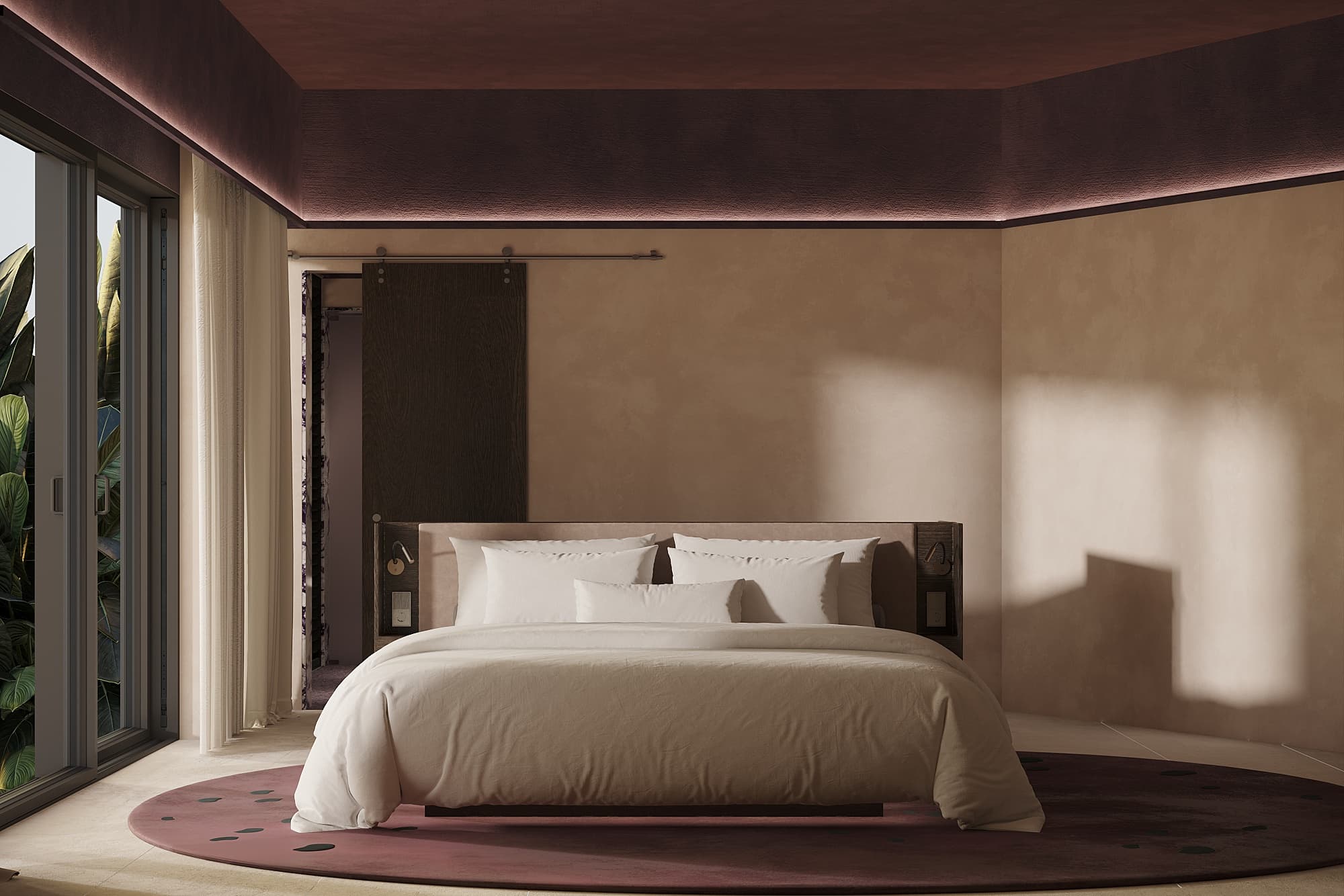 Concept visualisation: Bedroom with a low bed and garden-facing window