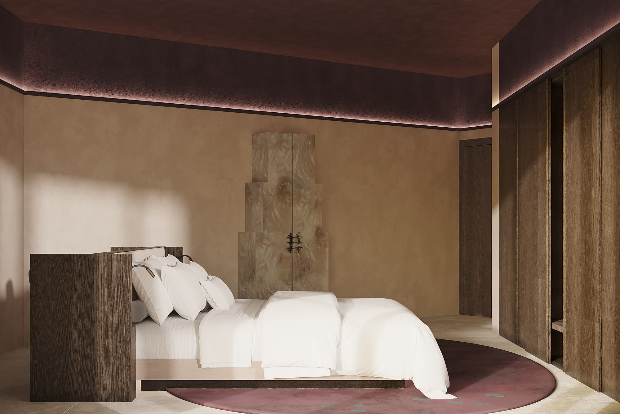 Concept visualisation: Bedroom with an upholstered headboard and curved wall