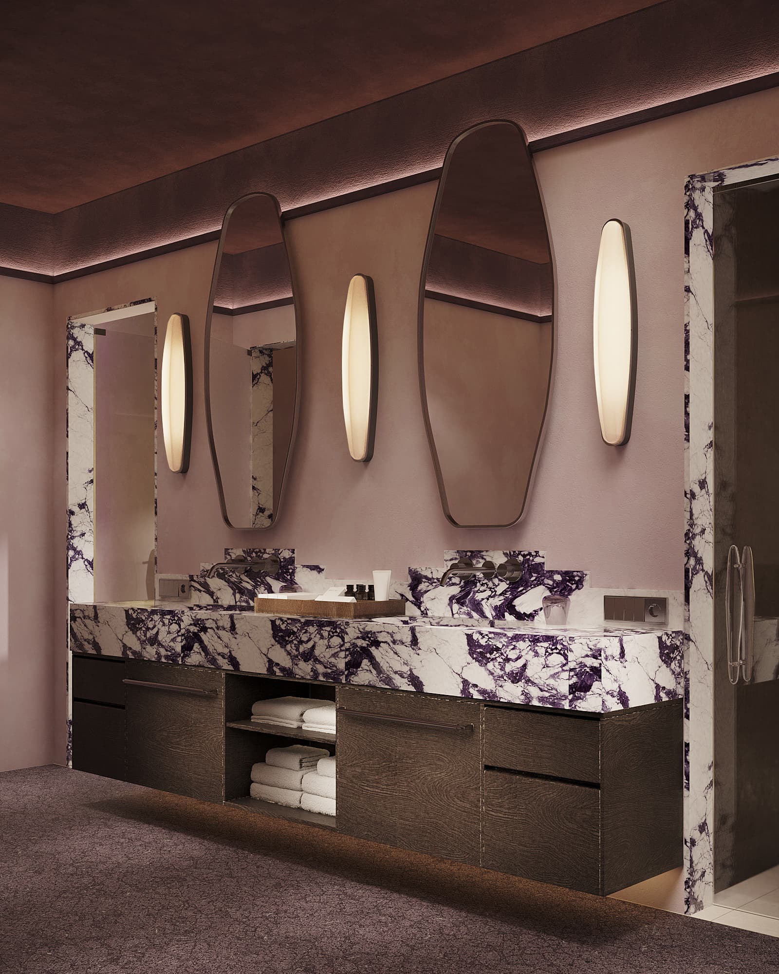 Concept visualisation: Stone bathroom vanity with oval mirrors