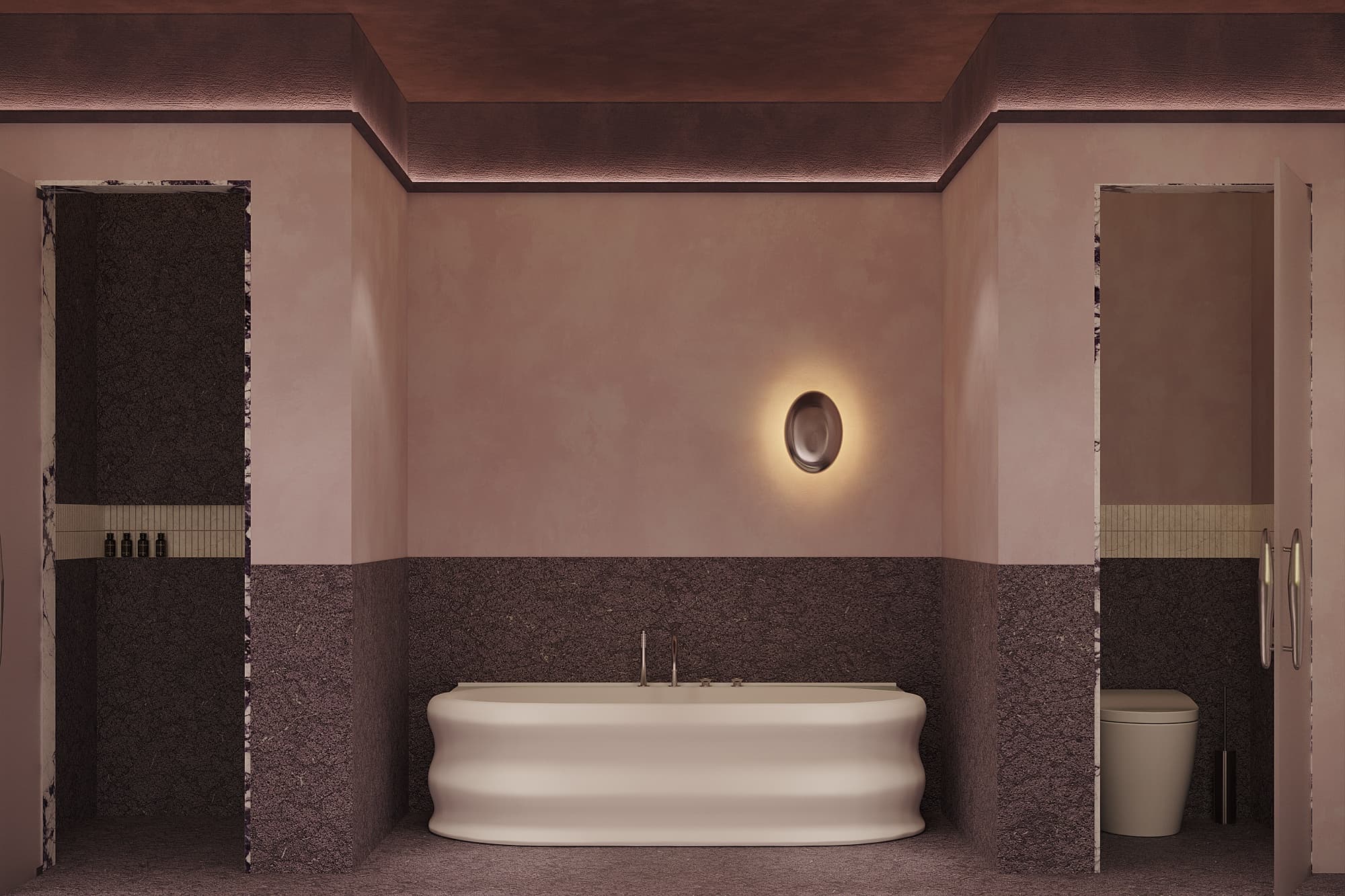 Concept visualisation: Freestanding bathtub against a dark tiled wall